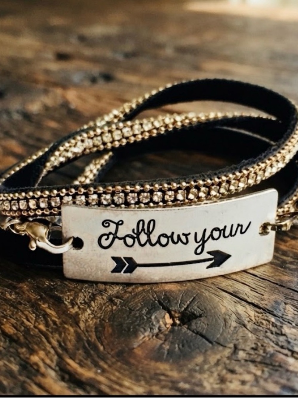Artisan Black and Gold 'Follow Your' Engraved Wrap Bracelet